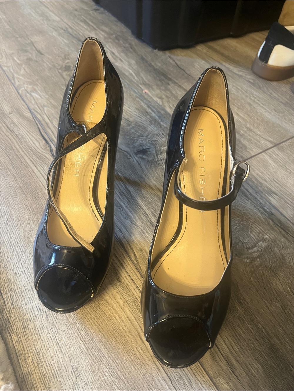 Marc Fisher Black Patent Peep-Toe Mary Jane Pumps